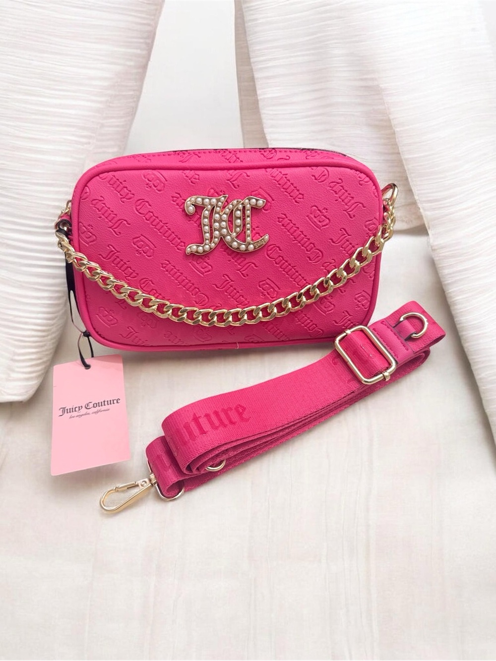 Juicy Couture Fuchsia Crossbody Bag with Chain Accent Strap and Faux Pearl Logo